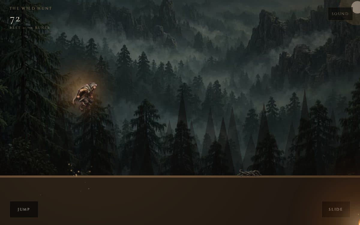 A rider mid-leap above a misted pine forest in The Wild Hunt.